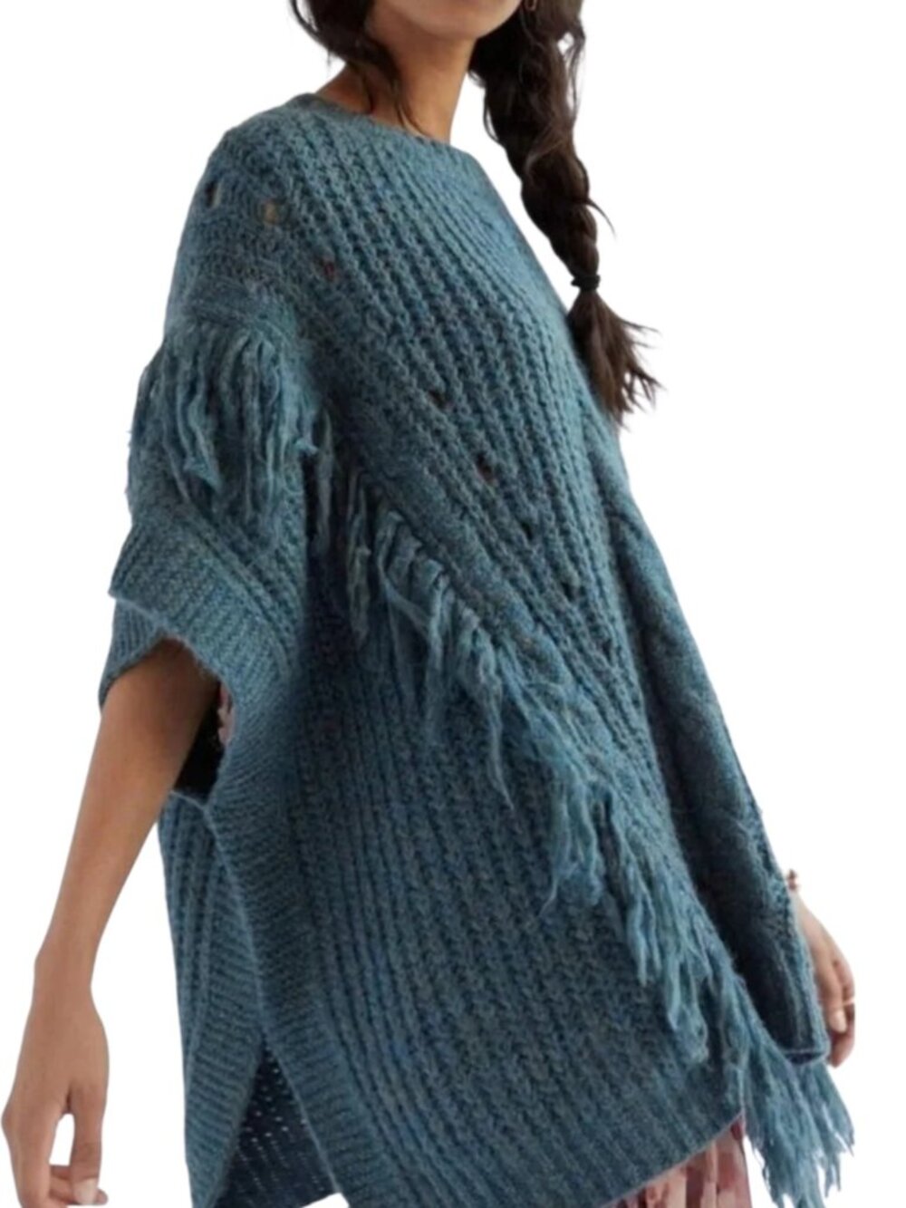 Anthropologie Fringe Cable Knit Poncho Sweater Marled Teal Oversized Boho - OS - Picture 2 of 10